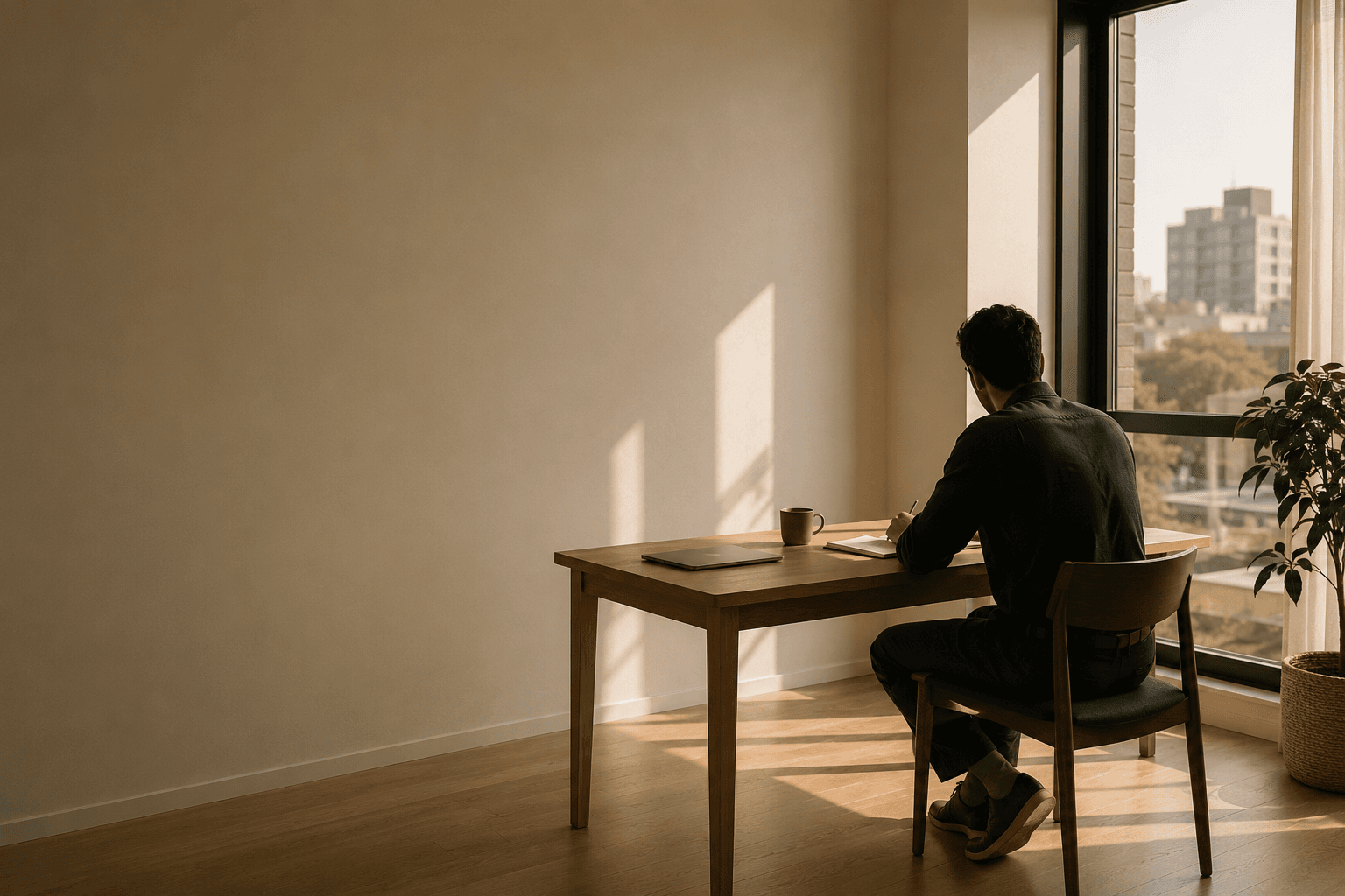 One person working alone at a wooden desk beside a large apartment window in warm afternoon light.