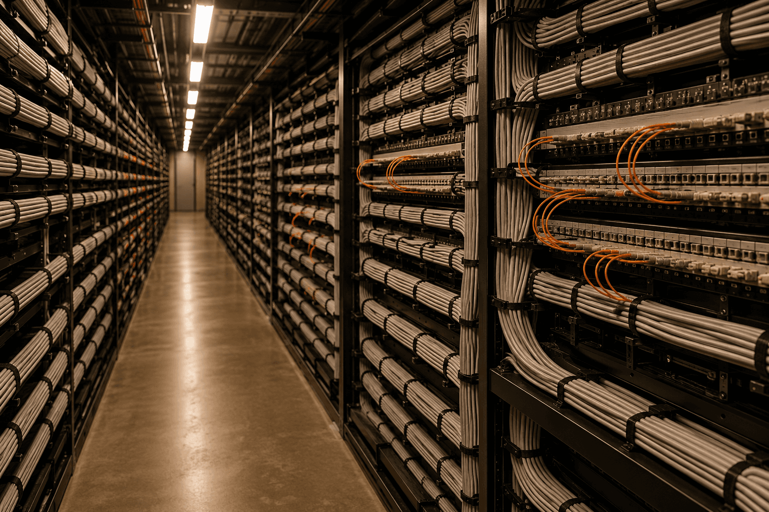 A telecommunications exchange corridor lined with neatly dressed cable bundles, with orange fibre leads among the grey.