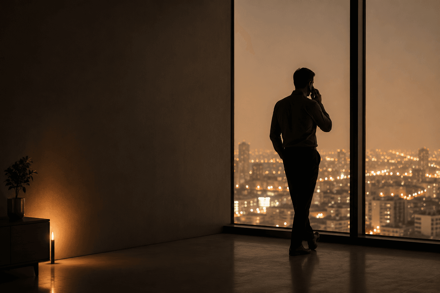 A person stands at a floor-to-ceiling window at dusk, phone to one ear, silhouetted against warm city lights.