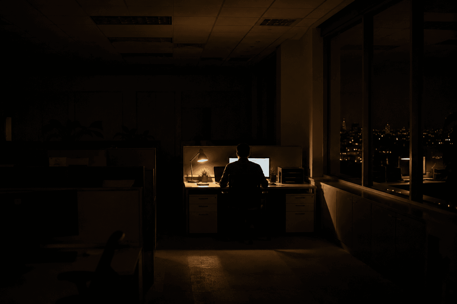 A single lit workstation in an otherwise dark office at night, one person at the desk seen from behind.
