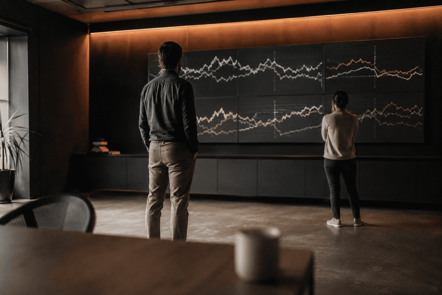 Two people seen from behind in a network operations room, looking at a wall-mounted display of line graphs.