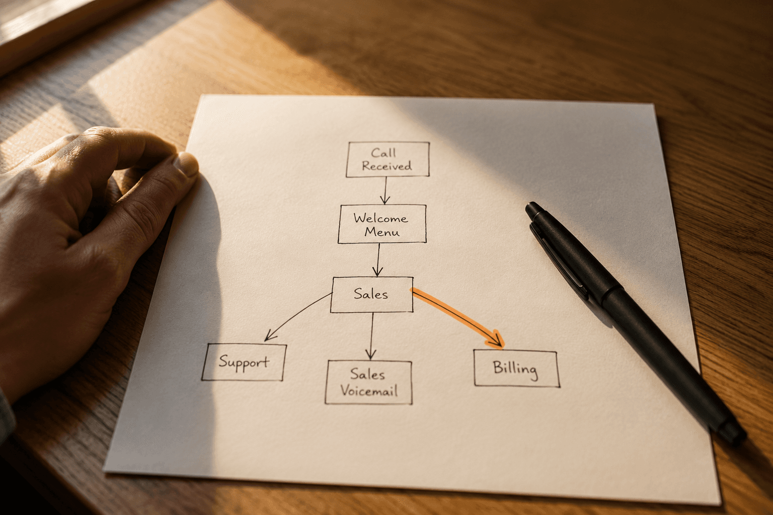 A call routing flow sketched by hand on paper: boxes labelled call received, welcome menu and sales, branching to support, voicemail and billing, with one branch traced in orange marker.