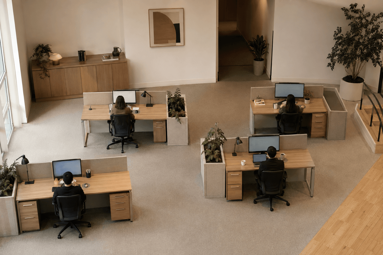 A small customer support area seen from above: four desks with low dividers, plants and warm oak surfaces.