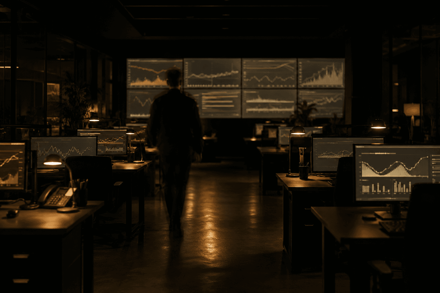 A dim voice operations floor at night, a wall of muted displays at the far end and one person walking through.