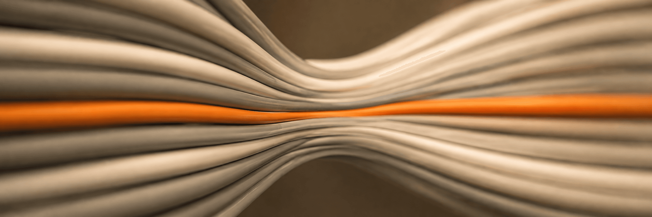 Macro photograph of bundled grey cables converging, with a single orange cable running through the centre.